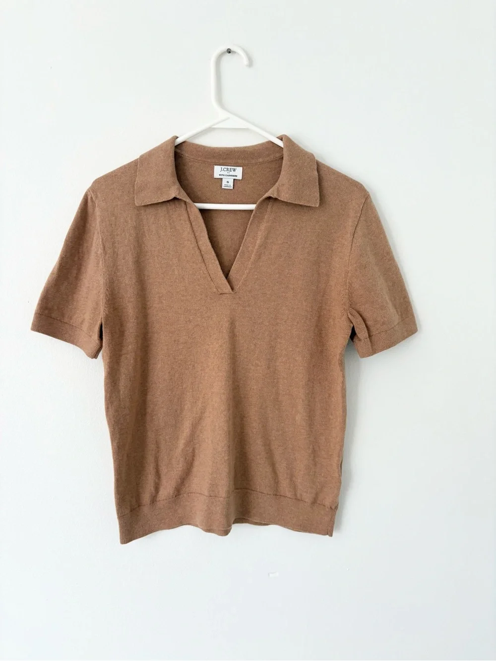 J. Crew Warm Cognac Cashmere-Blend Polo V-Neck Short Sleeve Sweater Size Small